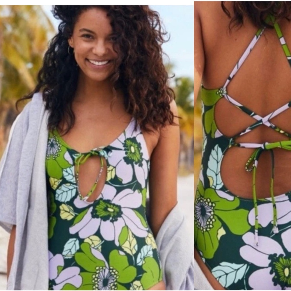 aerie Green and Light Pink Floral One-Piece Swimsuit